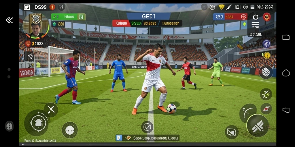 Gameplay DS99 dengan aksi sepak bola yang menegangkan.