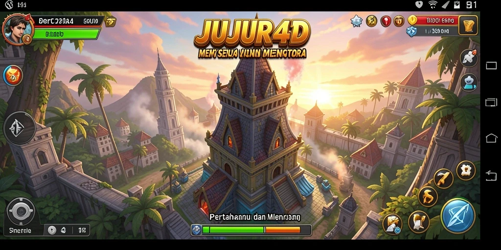Tangkapan layar utama JUJUR4D menampilkan pertempuran Tower Defense yang penuh aksi.