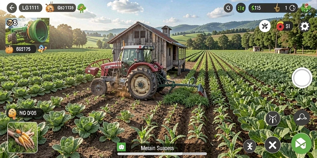Tampilan screenshot gameplay <strong>LG111</strong> yang menunjukkan petani mengelola kebun.