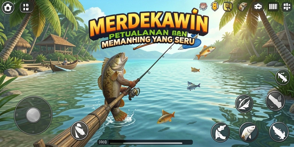 Tampilan gameplay seru dalam <strong>MERDEKAWIN</strong> dengan berbagai lokasi memancing.
