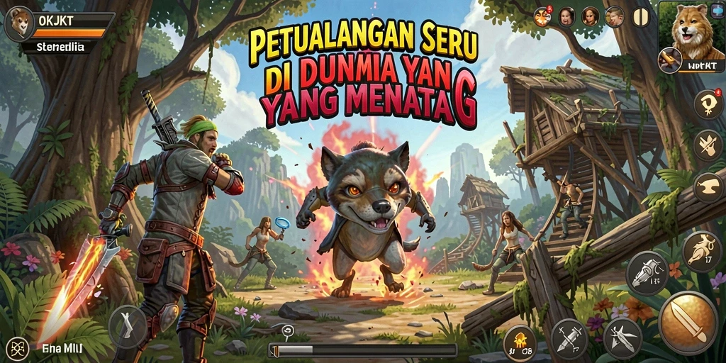 Screenshot menunjukkan karakter menjelajahi dunia penuh tantangan.