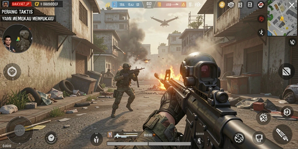 Screenshot gameplay RAKYATJP menampilkan aksi tembak-menembak yang mendebarkan.