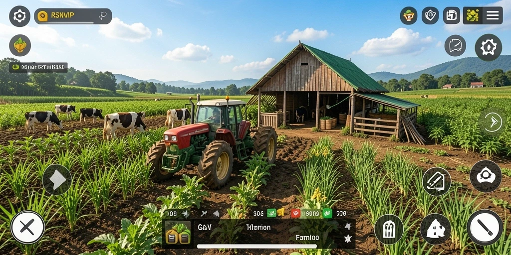 Tangkapan layar gameplay RSNVIP menunjukkan ladang pertanian yang subur.