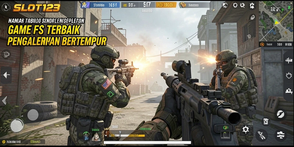 Screenshot menampilkan aksi intens dalam game FPS SLOT123.