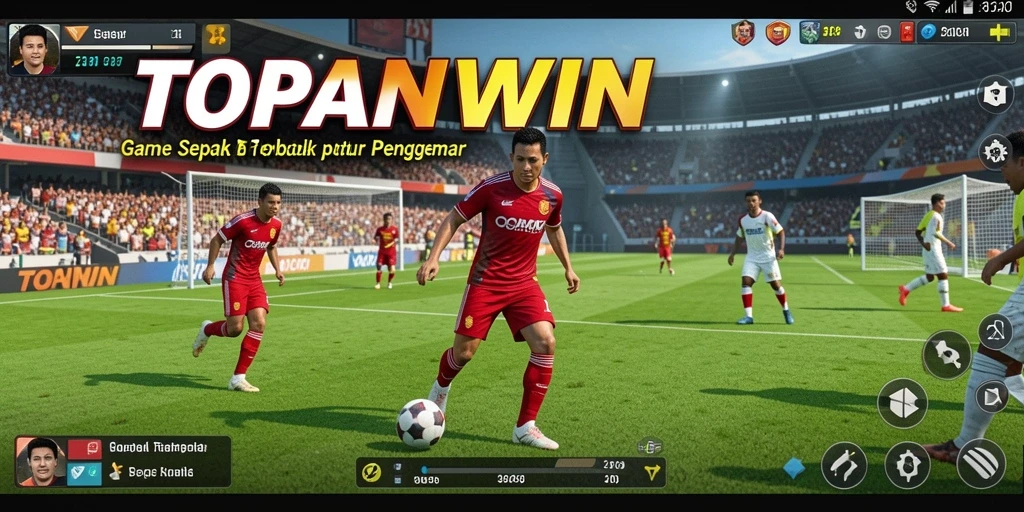 Screenshot gameplay TOPANWIN menampilkan aksi seru di lapangan sepak bola.