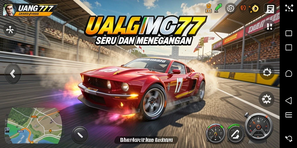 Screenshot menampilkan aksi balapan mendebarkan di UANG77.