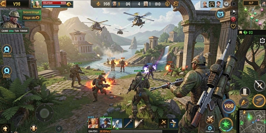 Tampilan gameplay seru dalam V98, penuh dengan tindakan strategi.